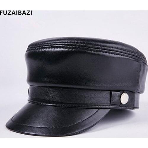 FUZAIBAZI Fashion New Genuine Leather Hats Quality Unisex First Layer Sheepskin Military Hat Autumn Winter Male Bone Flat Cap