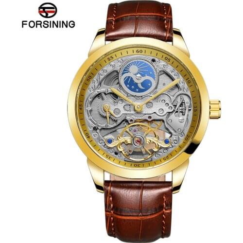Forsining Mens Analog Moon Phase Automatic Skeleton with Inner Ring Vintage Design Wristwatch with Leather Strap FSG8191M3