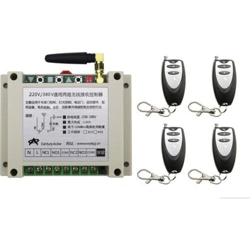 New AC220V 250V 380V 30A 2CH Remote Control Garage Door RF Wireless Remote Control Switch System 4X Transmitter + 1 X Receiver