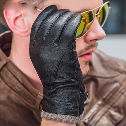 Real Leather Gloves Male Thin Short Winter Warm Thicken Driving Deerskin Man Gloves Five Fingers Fashion Black NM772