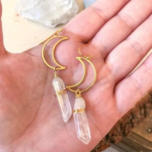 Crescent Moon Crystal Earrings |Aura Quartz Earring |Rainbow Quartz Earrings| Celestial