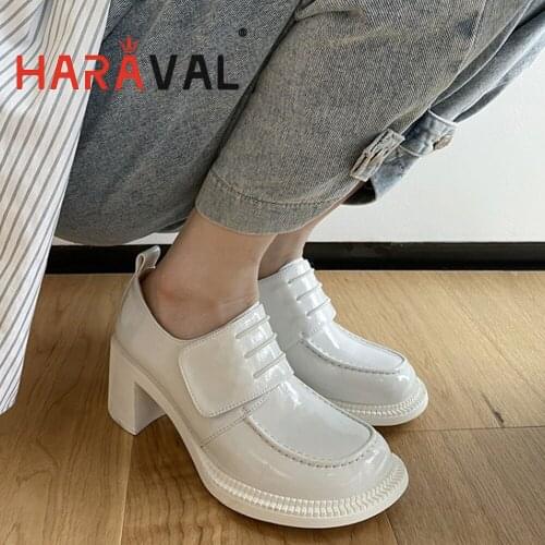 HARAVAL Women Pumps Shoes High Heels Black White Classics Mary Janes Round Toe Patent Leather Office & Career Shoes Women B368
