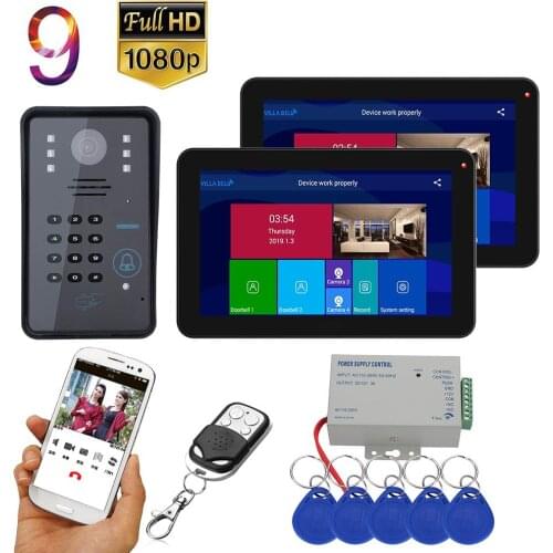 9 inch 2 Monitors Wireless Wifi RFID Password Video Door Phone Doorbell Intercom Entry System with Wired IR-CUT 1080P Wired Came