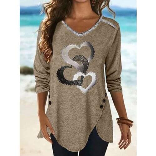 New Women Fashion Heart Printed T Shirts Sexy V Neck Top Lady Autumn Casual Loose Irregular Hem Long Sleeves Blouse