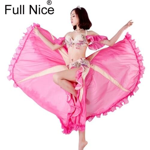 2018 Top Grade Women Dancewear Belly Dancing Clothes Oriental Dance Beaded Outfit with Sleeves Belly Dance Costume Set Bra Skirt