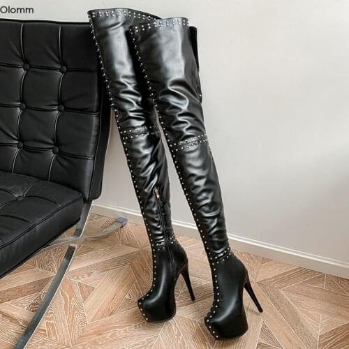 Olomm Handmade Women Thigh High Boots Sexy Studded Stiletto Heels Round Toe White Black Club Wear Shoes Women Plus US Size 4-16