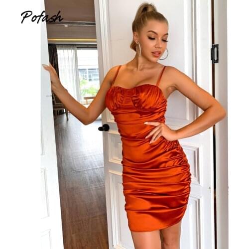 Pofash Satin Sexy Club Party Dress Women Clothing Spaghetti Strap Backless Ruched Bodycon Mini Dresses Slim Summer Vestidos 2021