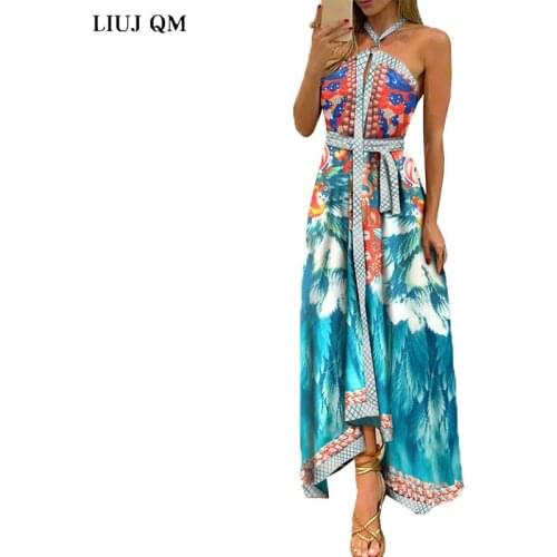 2021 Summer Women Long Dress Sleeveless Backless Robe Femme Halter Sexy Dresses Printed Vintage Dress Bohemian