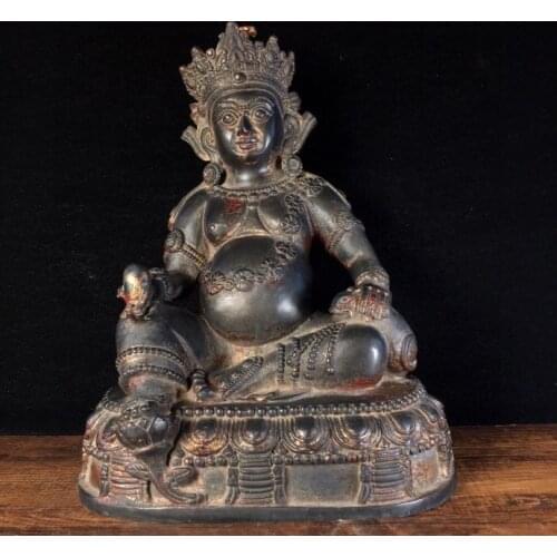 10"Tibet Buddhism Temple Old Copperware Cinnabars Yellow God of Wealth Buddha Statue Jambara statue Esoteric Guardian Enshrine