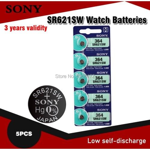 5pcs Sony Original 1.55V 364 SR621SW V364 SR60 SR621 AG1 Watch Battery Silver Oxide Button Coin Cell Batteries MADE IN JAPAN