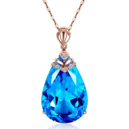 Aquamarine Gemstones Pendant Necklaces for Women Blue Crystal Rose Gold Color Choker Party Dress Fashion Jewelry Bijoux Gifts