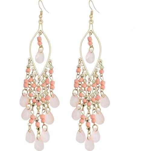 Bohemian Handmade Beaded Drop Earrings For Women Fashion Acrylic Long Tassel Beads Stone Hanging Earrings Holiday Ethnic Jewelry