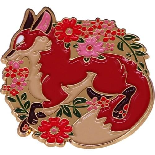 Fennec Red Fox with Flowers Foxes Flora Enamel Brooch Pins Badge Lapel Pin Brooches Collar Jeans Fashion Jewelry Accessories
