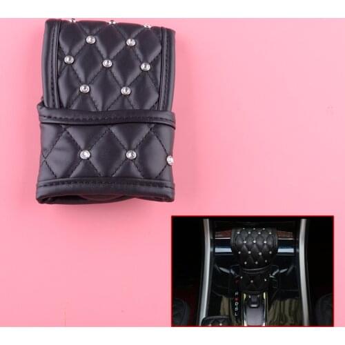 Bling Bead Black PU Leather Shift Knob Cover Protector Cap Decor Fit For Most of Automatic Transmission Cars