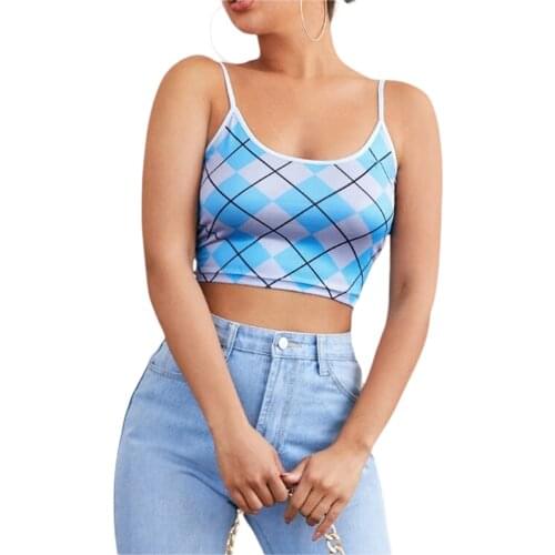 Womens Argyle Print Camisole, Sexy Sleeveless Spaghetti Strap Slim Fit Crop Cami Tops