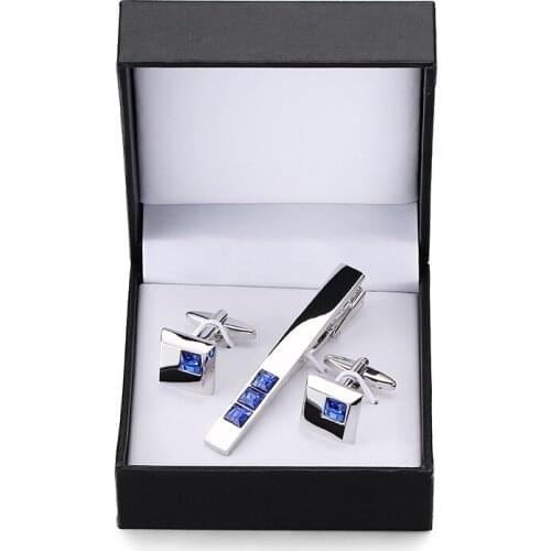 DY Luxury brand Square Blue Crystal Silvery Tie Clip Cufflinks box set men French Cufflinks tie clip box set free shipping