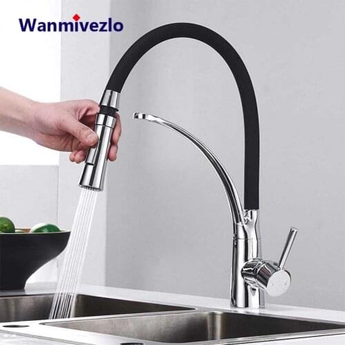 Chrome Rubber Kitchen Faucet Mixer Tap Rotation Pull Down Stream Sprayer Taps Hot Cold Water Tap with Single Handle Kitchen Tap