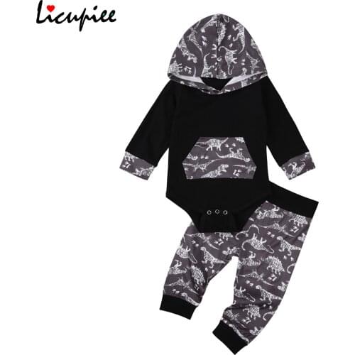 Baby Boys Fashion 2-piece Outfit Set Hooded Dinosaur Print Romper+pants Set Kids Boys Fashion Full Sleeve 0-24 Months
