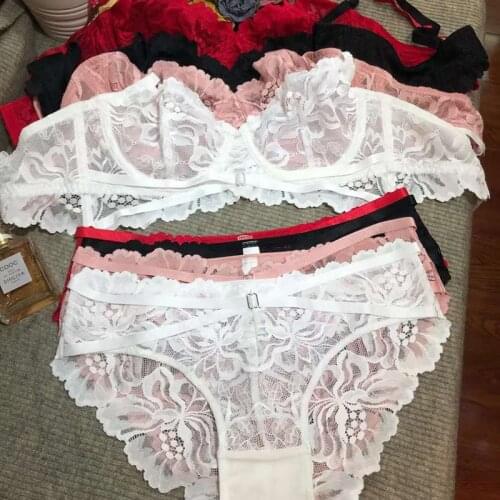 Sexy Ultrathin Transparent French Lace Bra and Panties Set Underwear with Bandage Underwire Women Unlined Lingerie