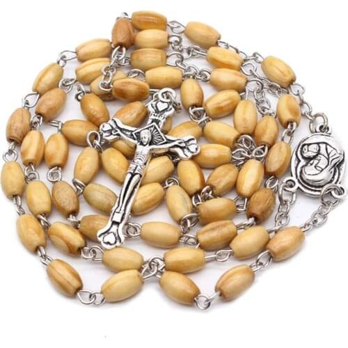 Fashion Handmade Round Bead Catholic Rosary Cross Religious Wood Beads Men Necklace Charm Gift