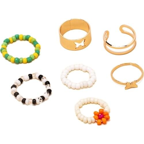 Boho Summer Style Rice Beads Rings Set For Women Elastic Adjustable Ring Girls New Fashion Star Conch Shell Accessories