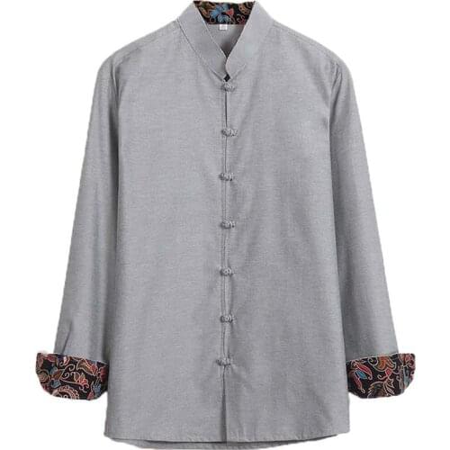 100% Cotton Autumn New Mens Long Sleeve Kung Fu Shirt Traditional Chinese Improved Loose Blouse Tops YZT090511