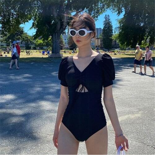 Sexy retro puff sleeve one-piece swimsuit women Japan and South Korea small fresh high waist slim bikini