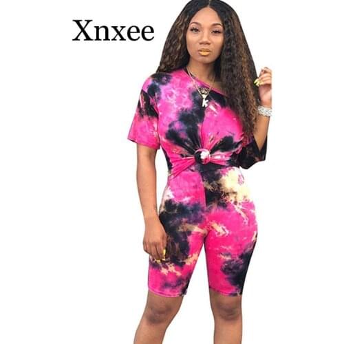 Tie Dye Streetwear Two Piece Outfits Summer Clothes for Women Short Sleeve T-shirt Top and Biker Shorts Tracksuit Matching Sets