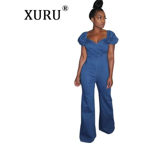 XURU European and American classic new jumpsuit sexy blue V-neck strapless long jumpsuit