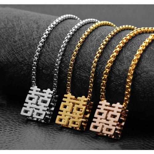 Couple Jewelry Stainless Steel Chinese Character Xi Charm Necklaces Means Double Happiness Luck for Men Female Wedding Gifts