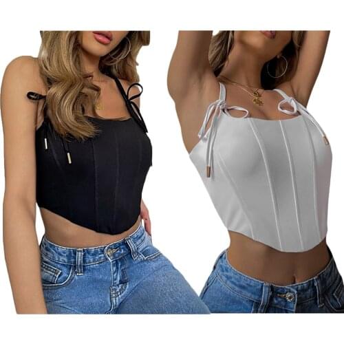 Ladies Summer Sexy Midriff-baring Camisole, Lace Up Shoulder Strap Solid Color Irregular Hem Sleeveless Top Slim Base Shirt
