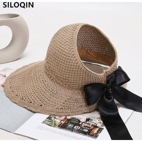 SILOQIN Womens Panama Hat New Summer Breathable Sun Hat Bow Decoration Oversized Sun Visor Sunscreen Straw Hat Women Beach Hat