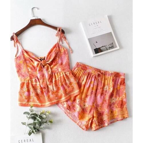 Two piece set top and pants womens holiday style positioning floral print chest strap head strap suspenders +elastic shorts set