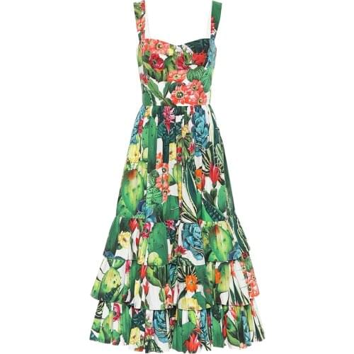 Runway Summer Sexy Spaghetti Strap Cotton Dress Women Tropical Jungle Florl Print Blackless Cascading Ruffle Beach Midi Dresses