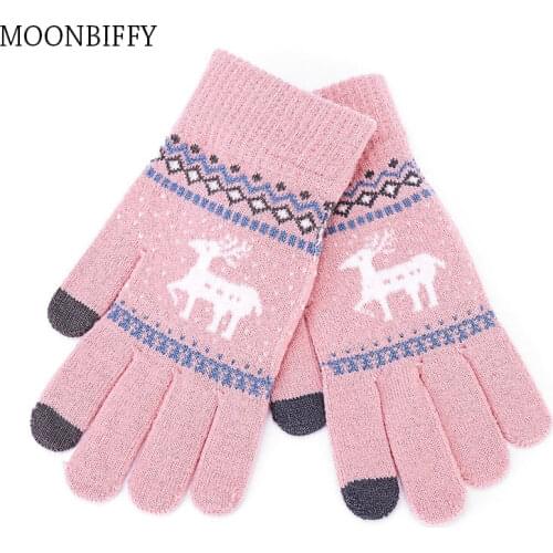 Winter Fawn Touch Screen Knit Gloves Women Warm Cute Deer Gloves Outdoor Girls Mittens Xmas Gift