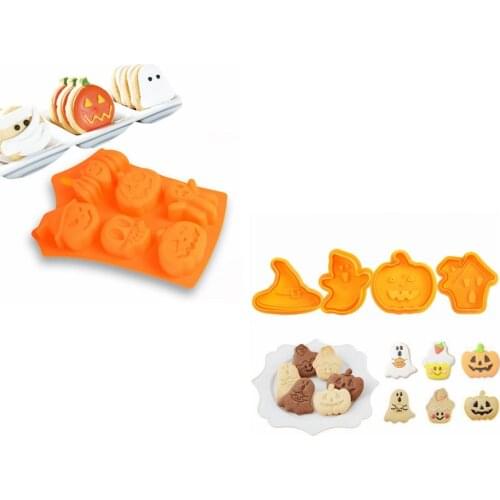 1pc/4pcs Halloween Silicone Cookie Mold Pumpkin Ghost Cake Mold Plastic Biscuit Cutter Plunger Fondant Mould DIY Baking Tools
