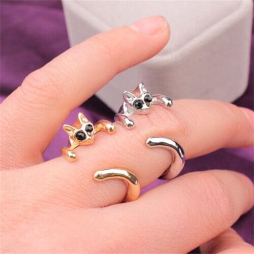 1pcs Vintage Cute Adjustable Cat Rings Handmade Kitty Kitten Rhinestone Animal Ring Women Bague