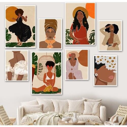 African Woman Flower Monstera Abstract Wall Art Canvas Painting Nordic Posters And Prints Wall Pictures For Living Room Decor