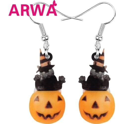 ARWA Acrylic Halloween Pumpkin Head Cat Earrings Print Long Dangle Drop Jewelry For Women Girls Classic Festival Gift Decoration