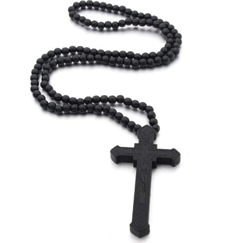 New Boy Large Wood Catholic Jesus Cross With Wooden Bead Carved Rosary Pendant Long Collier Statement Necklace Men Jewelry