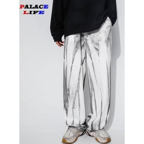 Hip Hop Mens Tie-dye Pants Stripe Print Casual Harajuku Streetwear Vintage Loose Straight Wide Leg Trousers Male Jogger Pants