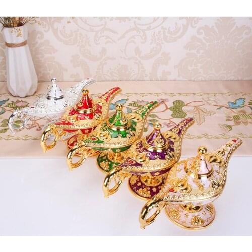 Colorful Metal Genie Magic Lamp Retro Wishing Oil Lamp Pot Incense Burner Home Decor Collection Souvenir