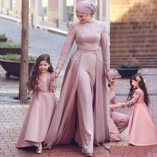 Dusky Pink Flower Girl Dresses Formal Formal Girl Dresses Cap Long Sleeve A Line Crew Neck Mother Daughter Dress for Party