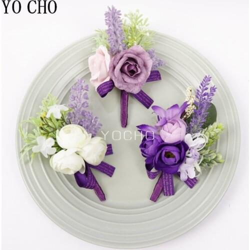 Purple Silk Roses Wedding Groomsmen Boutonniere Buttonhole Man Suit Decor Wedding Marriage Bridesmaids Corsage Bracelet Flowers