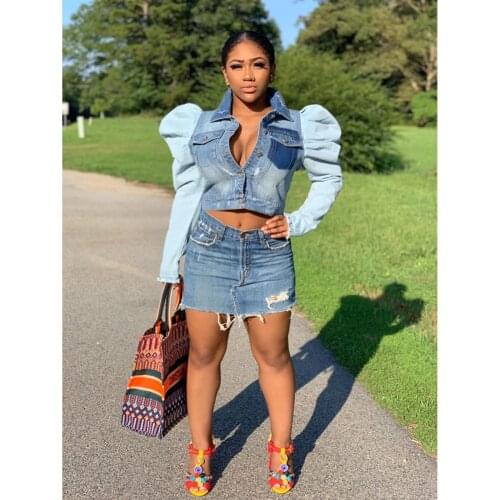 Echoine Autumn Puff Sleeve Blue Denim Jacket Jeans Long Sleeve Jacket Outwear Crop Top Short Coat Streetwear Plus Size