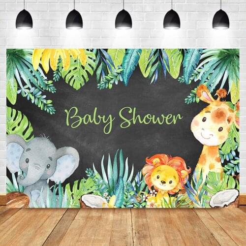 Cute Animal Baby Shower Backdrop Summer Green Leveas Photo Background Elephant Lion Party Banner Dessert Table Decorations Props