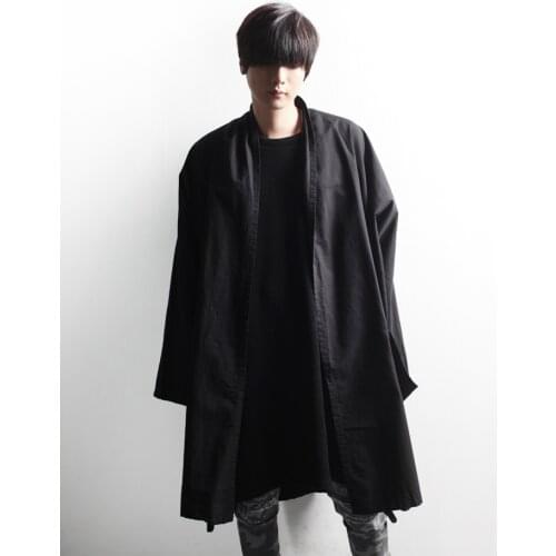 Mens windbreaker coat casual loose kimono linen long cardigan long sleeve coat handsome large size coat