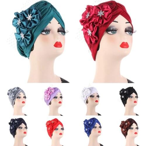 New Muslim Women Hijab Hat Flowers Turban Indain Pleated Chemo Cap Stretch Headwear Hair Loss Cover Beanie Bonnet Headscarf Wrap