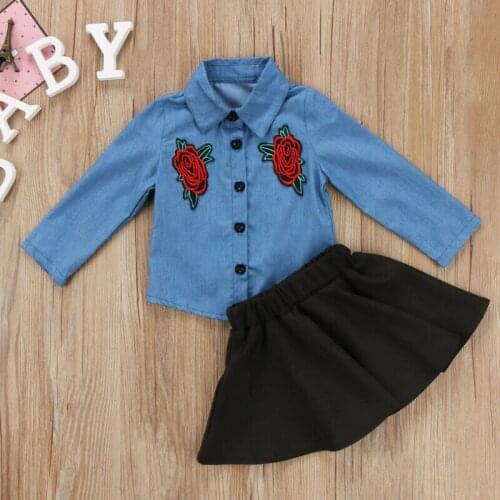 1-6 Year Toddler Kids Baby Girls Outfits Floral Clothes Denim Shirt Tops +Tutu Dress Sets 2019 Blue rose tops girls clothes set