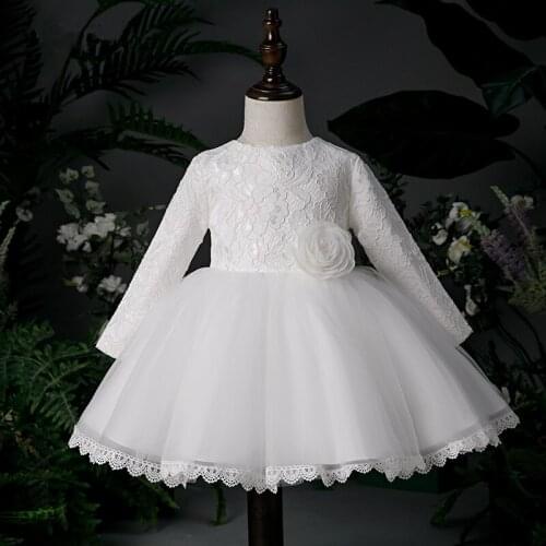 White Christening Gowns Long Sleeve Tulle Princess Dress Event Party Wear 1 Year Baby Girl Birthday Dresses Infant Baptism Gown